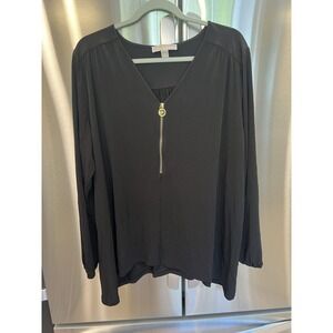 Michael Kors Women's Black Blouse 2X Gold Zip Logo Long Sleeve Flowy Top